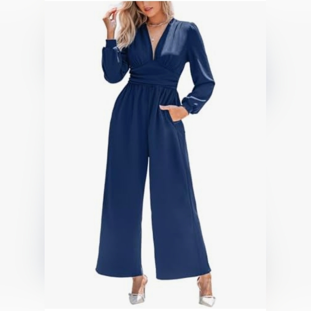 CUPSHE Women's jumpsuit with plunge v neck and long puff sleeve, wide leg, elega